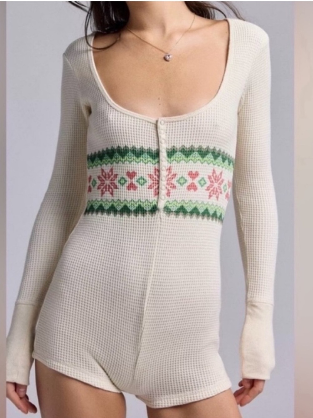 Out From Under Lounge Around Waffle Knit Fair Isle Thermal Onesie Size M